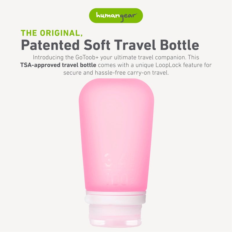 humangear GoToob+ (Large) | Refillable Silicone Travel Bottle | Locking Lid | Food-Safe Material | Pink, Large (3.4 fl.oz.; 100ml) - Image 2